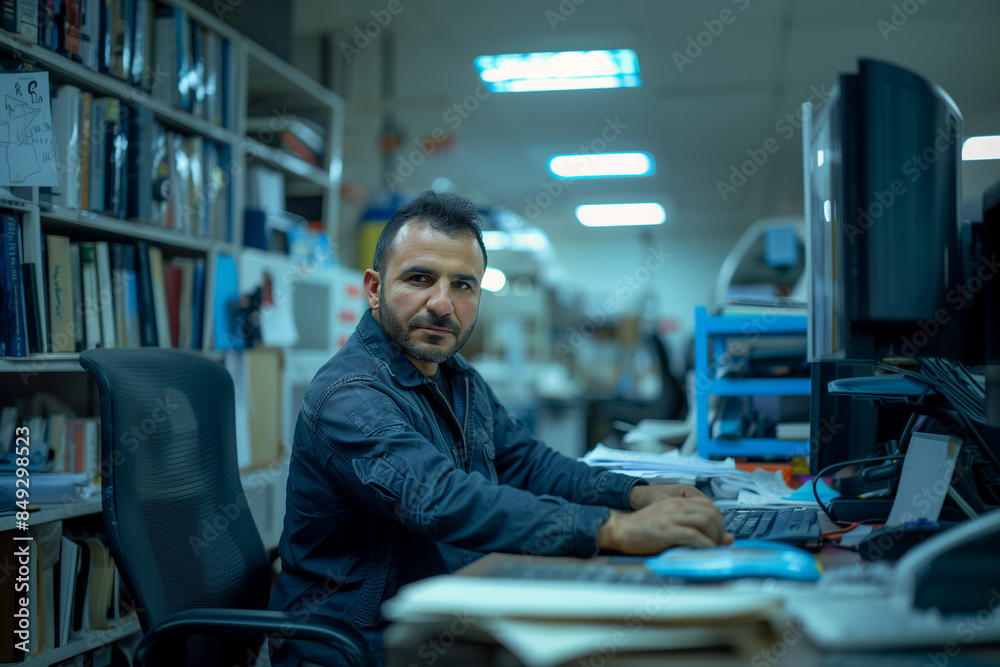 Focused Male Employee Working at a Desk in an Office Focused Male Employee Working at a Desk in an Office