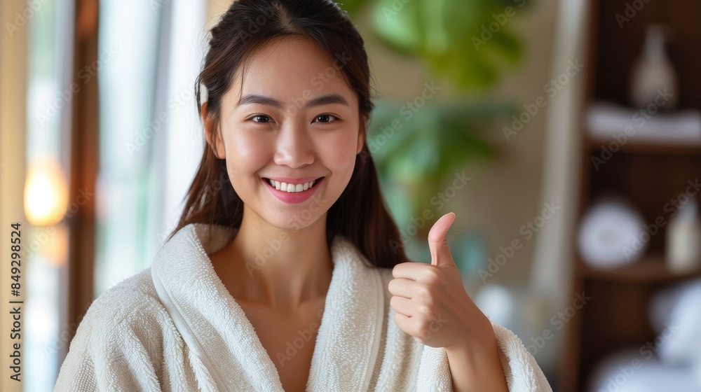 Cheerful young chinese woman in a cozy robe showing thumbs up Cheerful young chinese woman in a cozy robe showing thumbs up