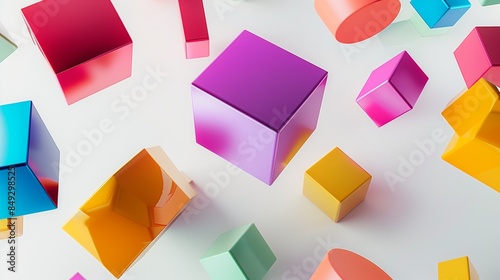 A playful composition of smooth, colorful geometric shapes, seemingly floating and interacting in a light-hearted, abstract manner against a clean white backdrop.