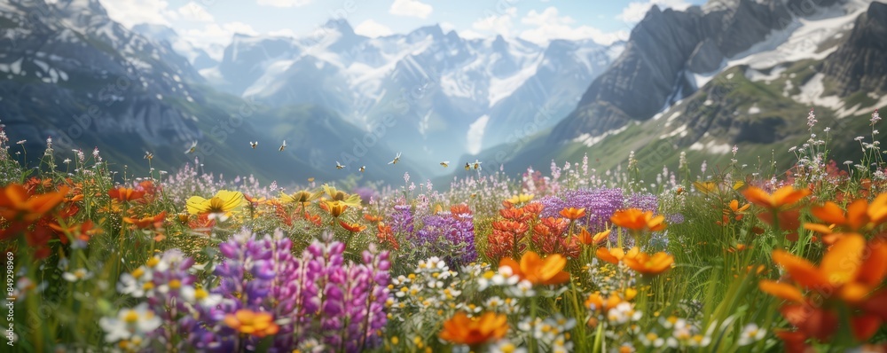 Obraz premium Serene alpine meadow filled with colorful wildflowers and buzzing with bees, 4K hyperrealistic photo