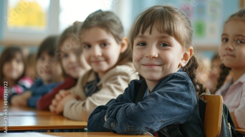 primary elementary school group of children studying in the classroom. learning and sitting at the desk. young cute kids smiling, high quality photo