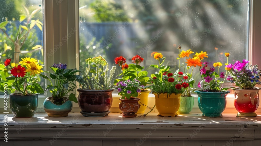 A variety of colorful flower pots arranged on a windowsill, with sunlight streaming in and casting shadows on the plants A variety of colorful flower pots arranged on a windowsill, with sunlight streaming in and casting shadows on the plants