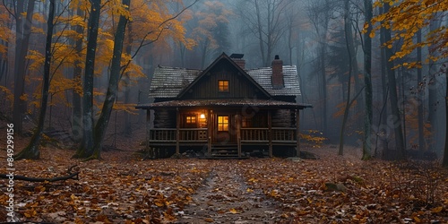 A close-up view of a dilapidated larger wooden cabin with a porch in a dense broadleaf forest at dusk during autumn photo