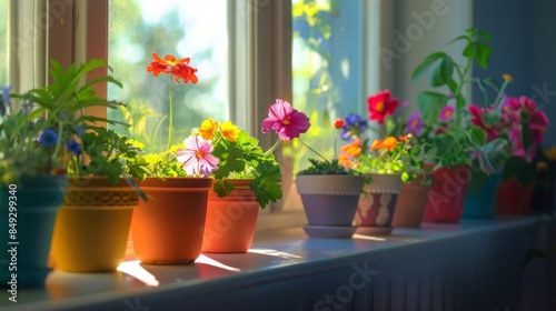 A variety of colorful flower pots arranged on a windowsill, with sunlight streaming in and casting shadows on the plants © Plaifah