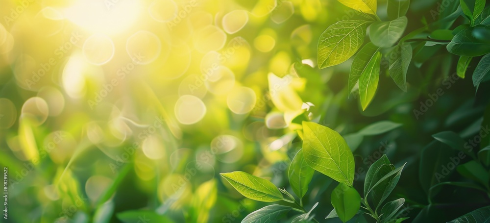 Spring background with green leaves and blurred nature landscape in a sunny day. Spring background with green leaves and blurred nature landscape in a sunny day.