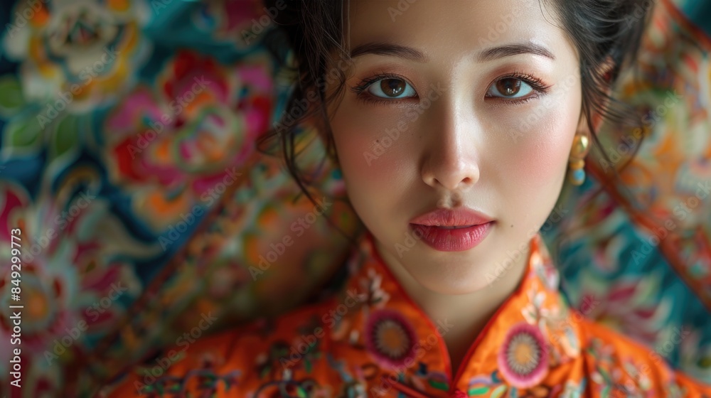 Enchanting Asian Woman with Traditional Attire Against Floral Background Enchanting Asian Woman with Traditional Attire Against Floral Background