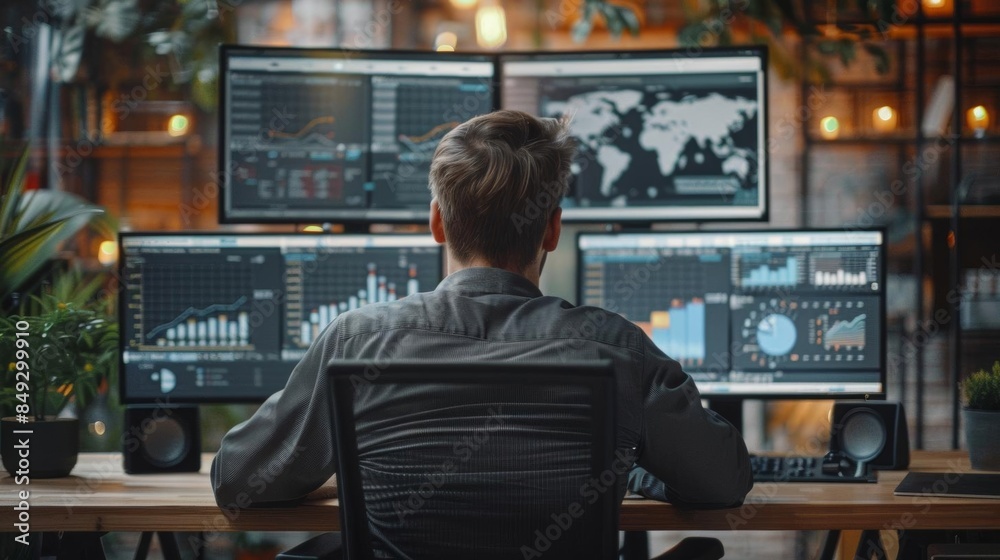 A businessman analyzing data on multiple monitors in a modern office. A businessman analyzing data on multiple monitors in a modern office.