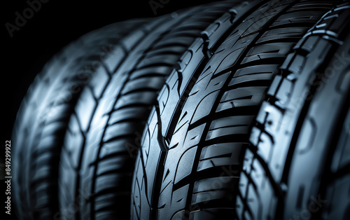 Closeup of four black car tires with tread pattern on a dark background, showcasing tire texture and details