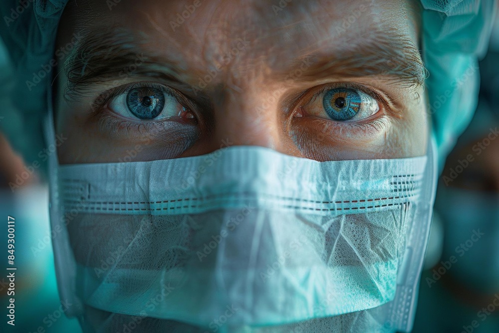 Close up portrait of a surgeon with blue eyes wearing a face mask.