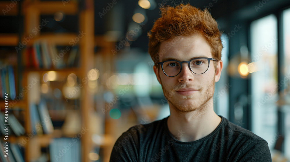 Portrait of a young man with red hair and glasses, against a blurred backdrop of a library Portrait of a young man with red hair and glasses, against a blurred backdrop of a library