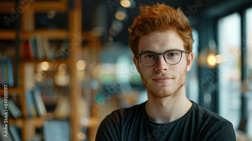 Portrait of a young man with red hair and glasses, against a blurred backdrop of a library