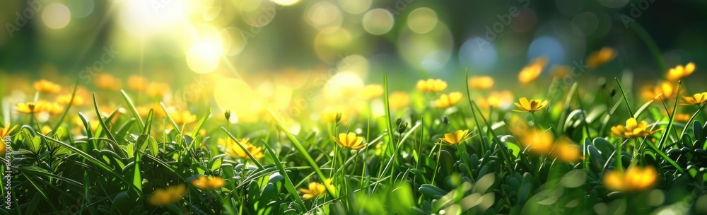 Spring meadow with lush green grass and yellow flowers. Spring meadow with lush green grass and yellow flowers.