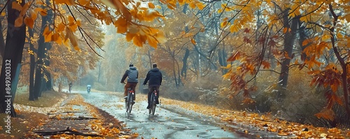 Friends going on a bike ride for National Liqueur Day, October 16th, enjoying the autumn scenery, 4K hyperrealistic photo.