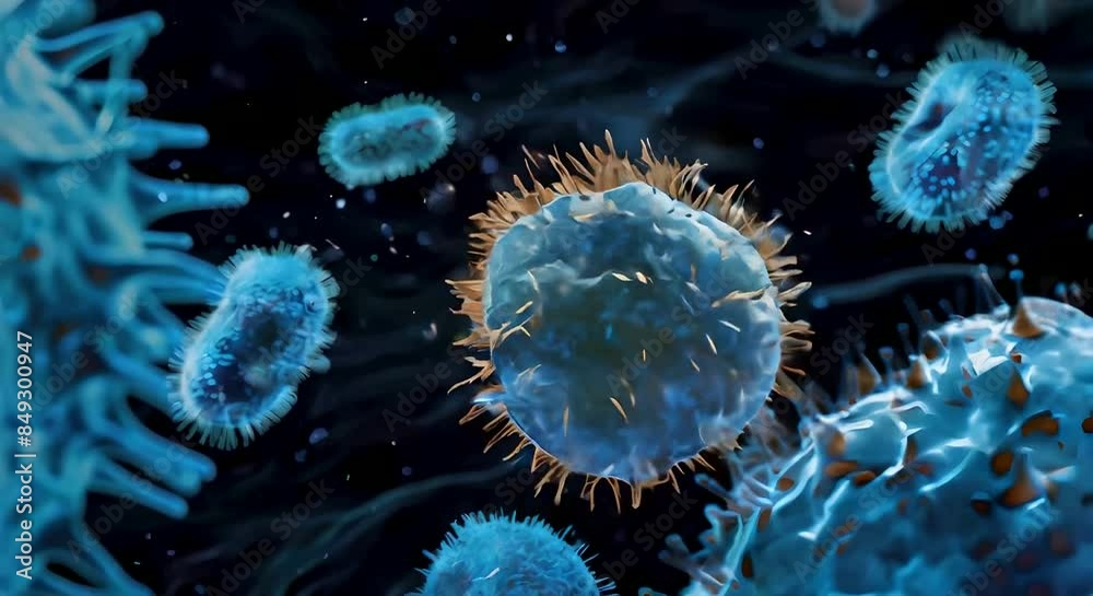 A blue unique character shaped micro virus floats among spherical viruses against a black background medical concept virus spread