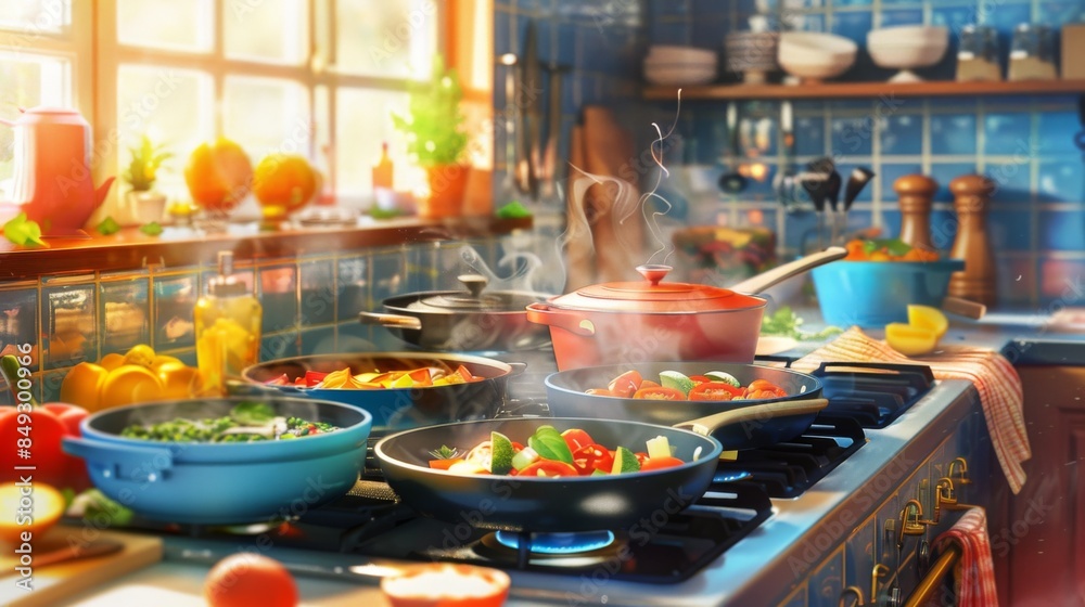 A vibrant kitchen scene with multiple pots and pans on the stove, each cooking different delicious dishes A vibrant kitchen scene with multiple pots and pans on the stove, each cooking different delicious dishes