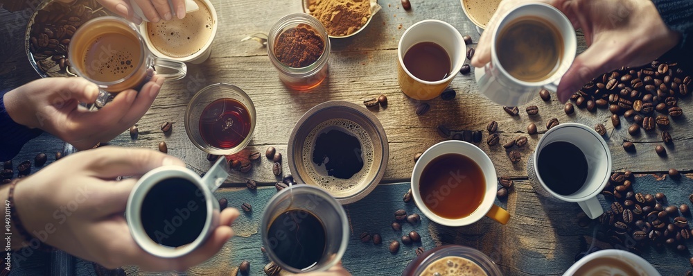 Friends hosting a coffee tasting for National Coffee Day, September 29th, sampling different blends and brews, 4K hyperrealistic photo. Friends hosting a coffee tasting for National Coffee Day, September 29th, sampling different blends and brews, 4K hyperrealistic photo.