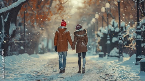 Winter Wonderland Romance: Couple Walking Hand in Hand in Snowy Park