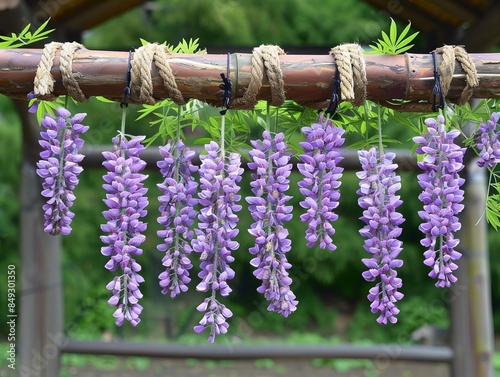 Fresh wisteria flowers dangle elegantly from a knotted bamboo frame, offering a natural abstract wallpaper and botanical background illustration photo