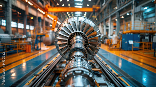Close-up view of a large aircraft turbine engine in a factory setting, highlighting its intricate design and engineering marvel