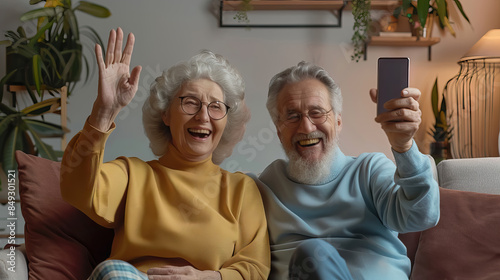 Happy old couple waving hands and holding cell phone mock up. pensioneer. photo