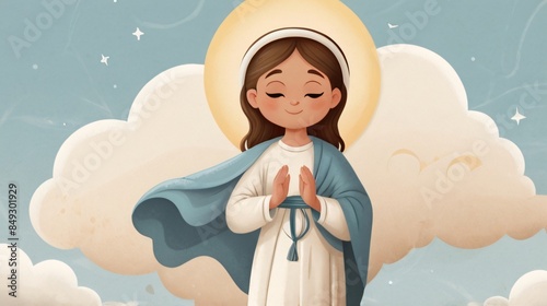 illustration of cute the virgin mary with sky background