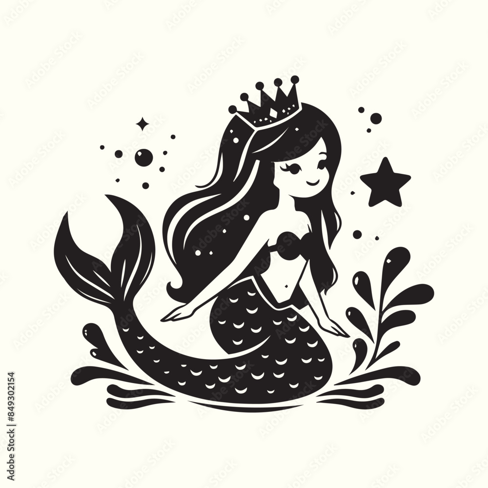 Black and white princes mermaid silhouette vector illustration Black and white princes mermaid silhouette vector illustration