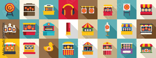 shooting gallery icons set. Collection of colorful icons depicting shooting range attractions at amusement park or carnival