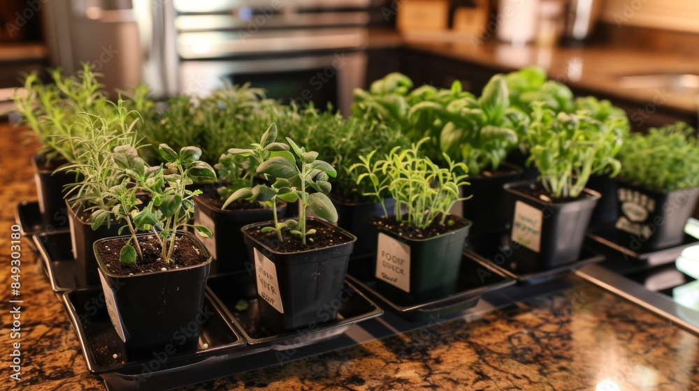 An assortment of potted herbs on a kitchen counter, ready for culinary use, with labels identifying each plant An assortment of potted herbs on a kitchen counter, ready for culinary use, with labels identifying each plant