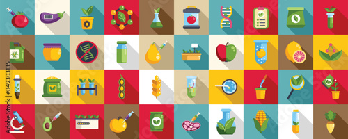 genetic modification in agriculture icons set. Set of icons representing scientists modifying crops and fruits using genetic engineering to improve flavor and resistance to diseases