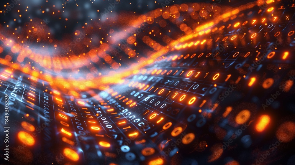 High-tech digital abstract with streaming binary code and AI algorithms, illustrating the concept of futuristic technology and data processing High-tech digital abstract with streaming binary code and AI algorithms, illustrating the concept of futuristic technology and data processing