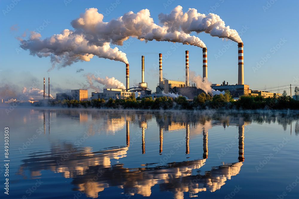 Exterior view of waste incineration plant with tall chimneys emitting minimal smoke. Exterior view of waste incineration plant with tall chimneys emitting minimal smoke.