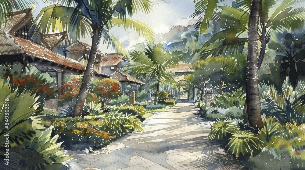 Elegant spa resort nestled in a lush tropical garden, serene ambiance, watercolor, soft and calming colors Elegant spa resort nestled in a lush tropical garden, serene ambiance, watercolor, soft and calming colors