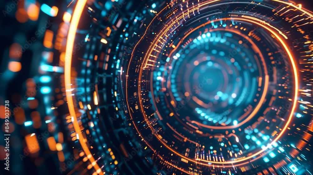 Obraz premium A swirling vortex of neon lights against a midnight blue backdrop, reminiscent of a futuristic cityscape.