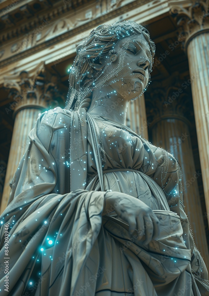 Obraz premium Futuristic Fusion of Technology and Classical Art Elements with Holographic and Data Stream Effects