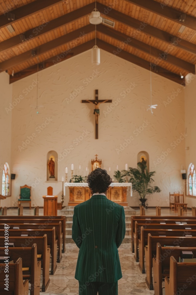 A man was sitting in a church pew, raising his arms and praying to God A man was sitting in a church pew, raising his arms and praying to God