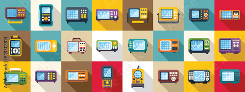 Oscillograph icons set. Colorful set of electronic test equipment illustrations featuring oscilloscopes showing signal waveforms