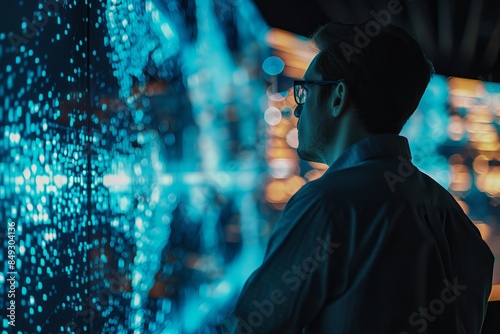 A futuristic abstract background of digital light displays, capturing a contemplative man making it a potential best-seller illustration