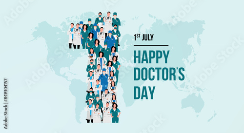 Happy doctors day. A large group of doctors form to create the number 1 as doctors day is celebrated on the 1st of July. world map background Vector illustration.
