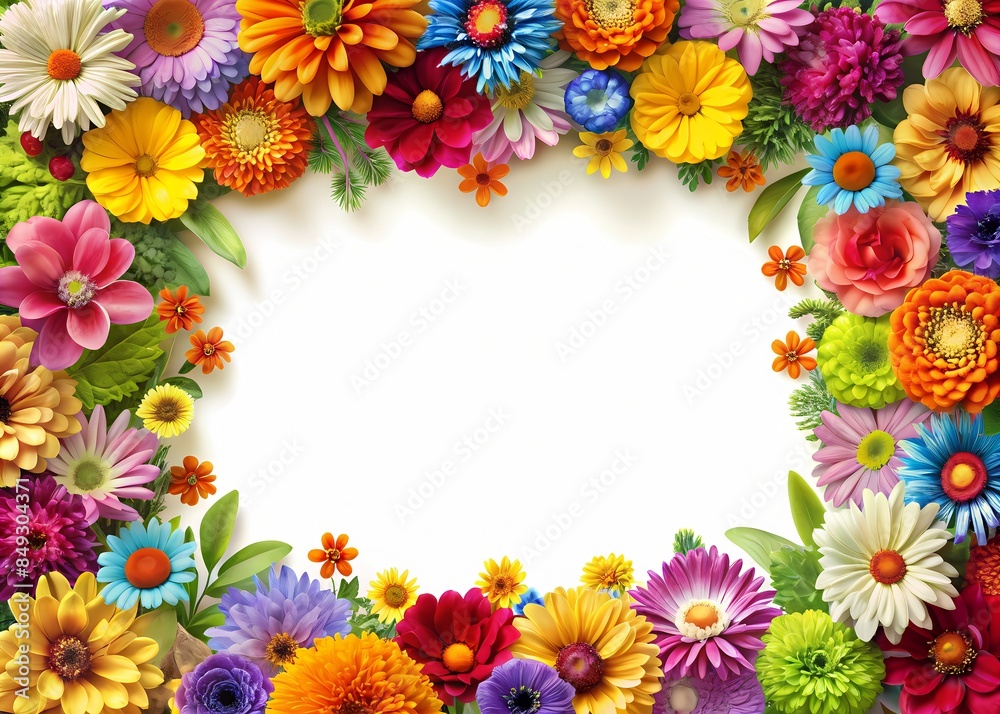 Frame Of Colorful Flowers Isolated On White Background. Floral Arrangement With Copy Space For Text.