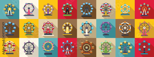 Ferris wheel icons set. Ferris wheel icons showing classic amusement park rides with rotating circular motion for romantic views