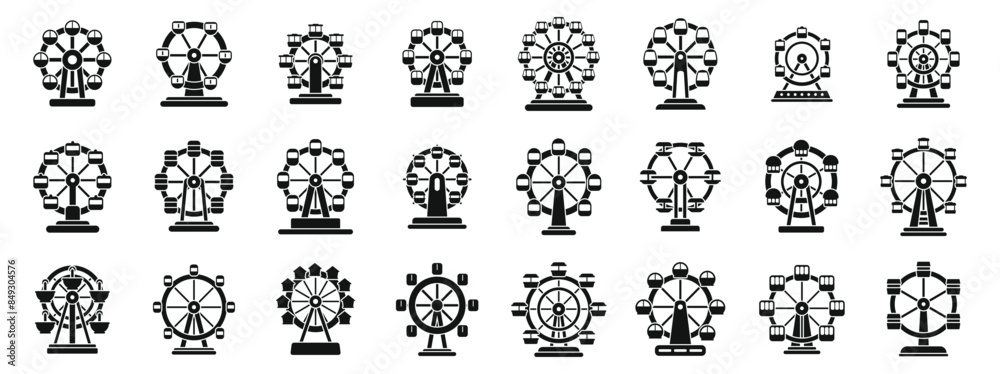 Ferris wheel icons set. Set of ferris wheel silhouette icons showing different observation wheels rotating for panoramic cityscape viewing Ferris wheel icons set. Set of ferris wheel silhouette icons showing different observation wheels rotating for panoramic cityscape viewing