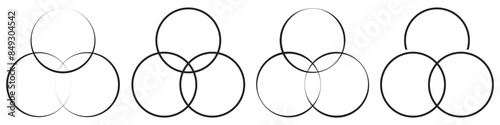 Intersecting, overlapping circles, rings element. Vector illustration. Isolated on white background.