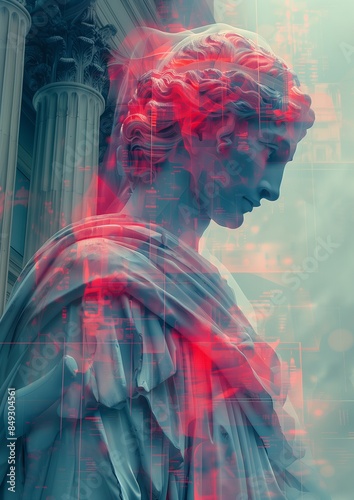 Futuristic Fusion of Technology and Classical Art Elements with Holographic and Data Stream Effects