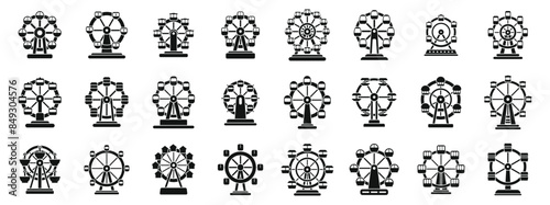 Ferris wheel icons set. Set of ferris wheel silhouette icons showing different observation wheels rotating for panoramic cityscape viewing