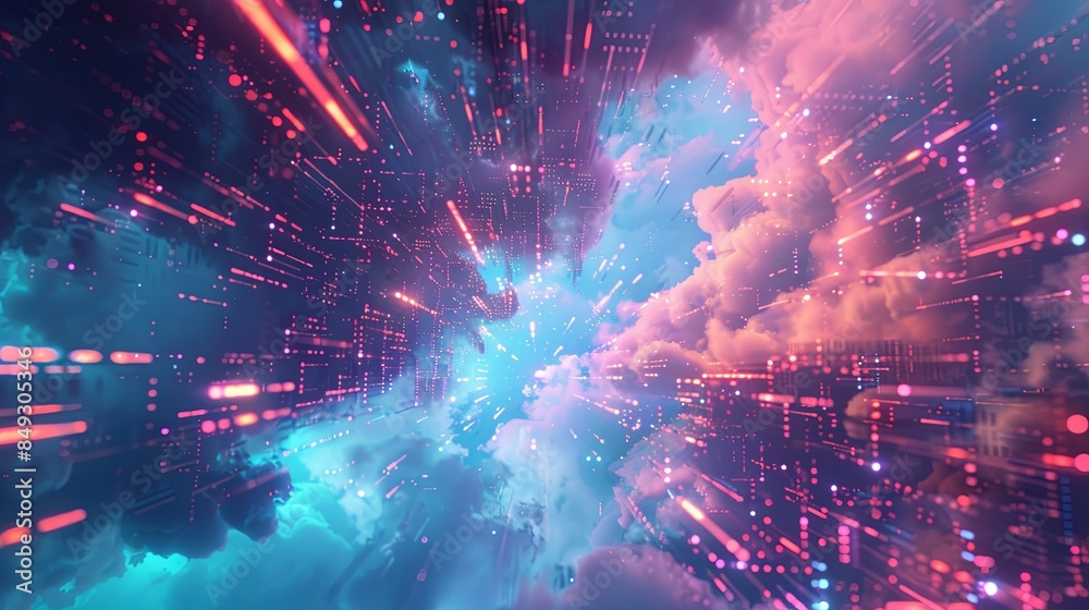 Fototapeta premium An abstract visualization of cloud computing with digital elements representing data processing and AI operations in the cloud. Generative AI