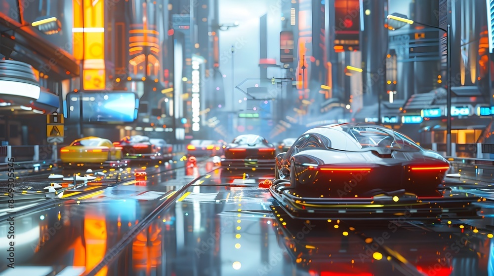 Futuristic autonomous vehicle hub in a gleaming high rise cityscape with advanced electric cars and hovercrafts maneuvering through traffic Futuristic autonomous vehicle hub in a gleaming high rise cityscape with advanced electric cars and hovercrafts maneuvering through traffic