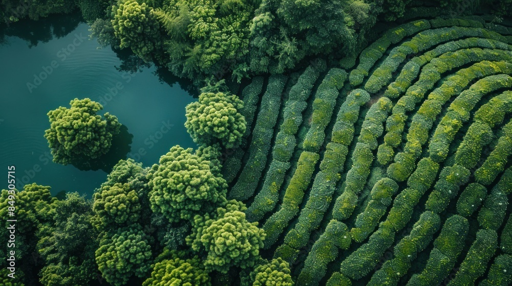 Aerial View of Lush Green Tea Plantation and Pond Aerial View of Lush Green Tea Plantation and Pond