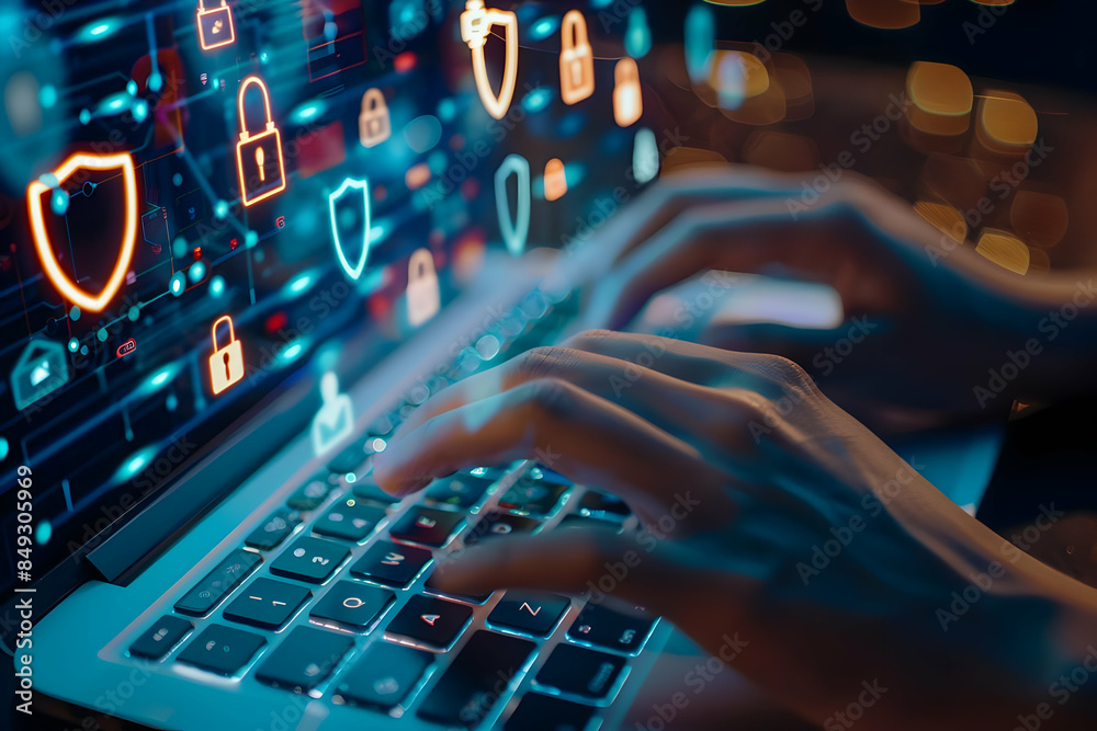 Hands typing on a laptop with digital security icons floating above the screen. Hands typing on a laptop with digital security icons floating above the screen.