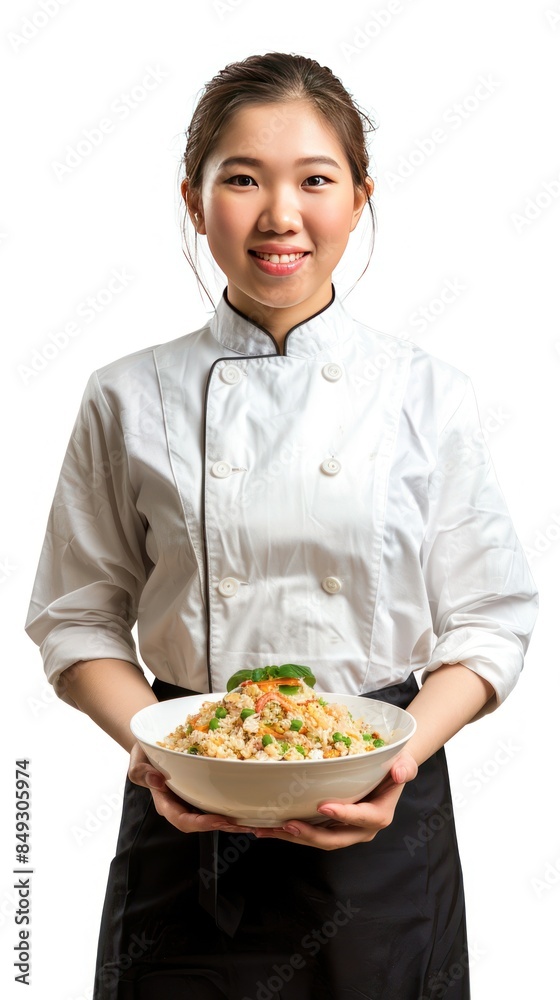 Full body image of female restaurant employee serving Yangzhou fried rice Full body image of female restaurant employee serving Yangzhou fried rice
