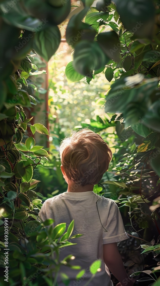 Boy playing hide and seek in a garden, sense of fun and adventure, bright and vibrant, photorealistic Boy playing hide and seek in a garden, sense of fun and adventure, bright and vibrant, photorealistic